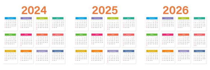 Colorful calendar 2024, 2025, 2026. Vector. The week starts on Sunday. Calendar layout. Stationery template with 12 months. Annual quadratic organizer, English.