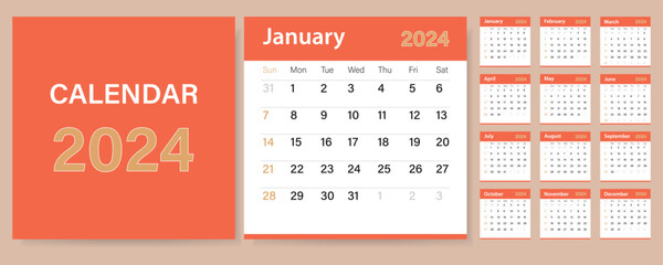 Calendar template for 2024. The week starts on Sunday. Simple minimalistic classic style. Work or business calendar. English vector calendar for 2024.