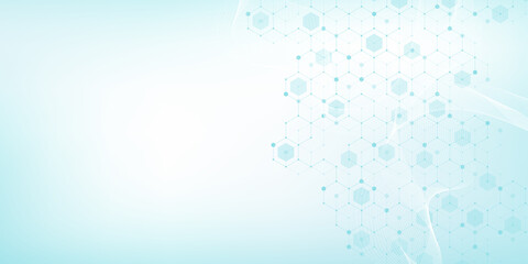 Abstract biology and pharmaceutical technology background. Health care and medical background with hexagons shapes. Flowing wave lines and hexagons, illustration