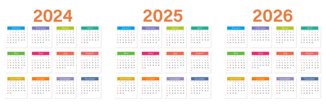 Colorful calendar 2024, 2025, 2026. Vector. The week starts on Sunday. Calendar layout. Stationery template with 12 months. Annual quadratic organizer, English.