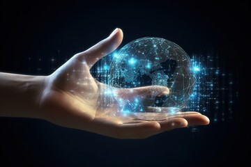 Human hand showing Digital technology, global internet network, Ai Artificial intelligence, big data concept