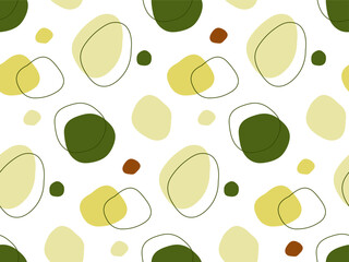 Abstract geometric freehand textured. Colored spots with lines seamless pattern. Various shapes in green, yellow colors. Modern vector For wallpaper, wrapping paper, textile, scrapbooking.