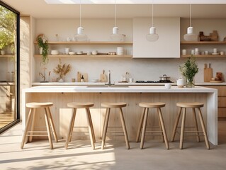 Interior design of kitchen with marble island and wooden stools generative ai