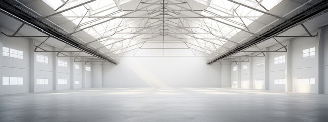 White empty warehouse or factory floor. Empty space. Background. White interior. Hand edited generative AI.