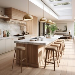 Interior design of kitchen with marble island and wooden stools generative ai