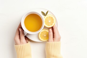 Obraz na płótnie Canvas Top view of female hands holding lemon tea, AI Generated