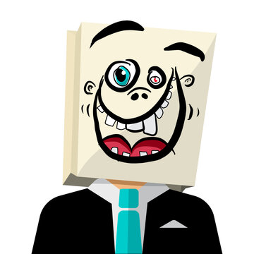 Man in suit wth paper bag on head with crazy smile - vector