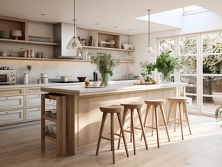Fototapeta na wymiar Interior design of kitchen with marble island and wooden stools generative ai