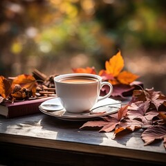 Cup of black tea on pile of books and autumn leaves , AI Generated