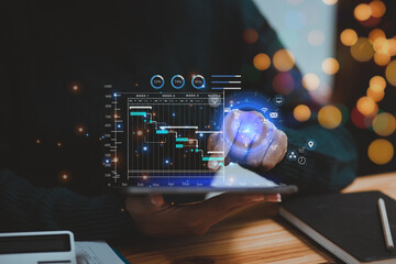 Technology digital online marketing commerce network concept, hands using tablet with marketing strategy interface.
