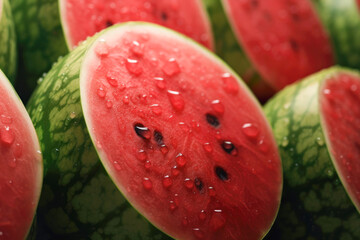 Concept agro industry business. Summer with sale of fresh, ripe, and juicy watermelons with sweet, green slices. A perfect healthy food and freshness delicious fruit. Generative ai close up.