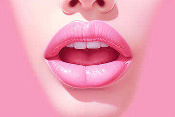 The close up of woman mouth shows the beautiful and sensual beauty of pink lips. Makeup and lip gloss are sexy and glamorous in detail. Generative ai Rose background, copy space