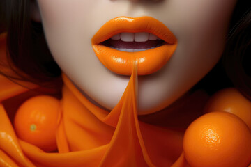 The close up of woman mouth shows the beautiful and sensual beauty of orange lips. Makeup and lip gloss are sexy and glamorous in detail. Generative ai
