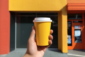 A caucasian man holds a yellow paper cup of coffee in his hand in a close-up photo outdoor on summer daytime street. Lifestyle of relaxing in the city with breakfast. Generative ai