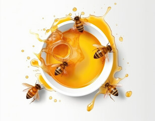 Honey with bee with white background top view Created With Generative AI Technology	