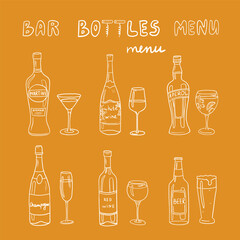 Big set of alcoholic bottles, glasses and lettering in doodle style. Champagne, beer, martini, red wine, aperol, white wine  Great for bar menu, banner. Vector EPS10. Hand drawn. Isolated on orange