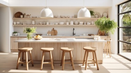 Interior design of kitchen with marble island and wooden stools generative ai