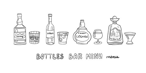 Vector set with alcoholic bottles, glasses and text hand drawn doodles. Vodka, cognac, whiskey, tequila.  Great for bar menu, restaurant menu, banner. Isolated on white. Vector illustration EPS10