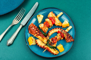 Seafood kebabs, octopus on skewers.
