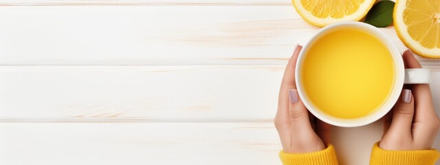 Fototapeta na wymiar Top view of female hands holding lemon tea, AI Generated