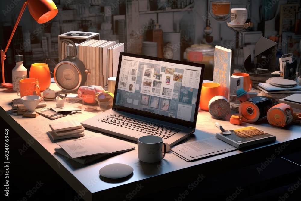 Poster 3d rendering of a desktop with a laptop and some office items, 3d render of working space with compu
