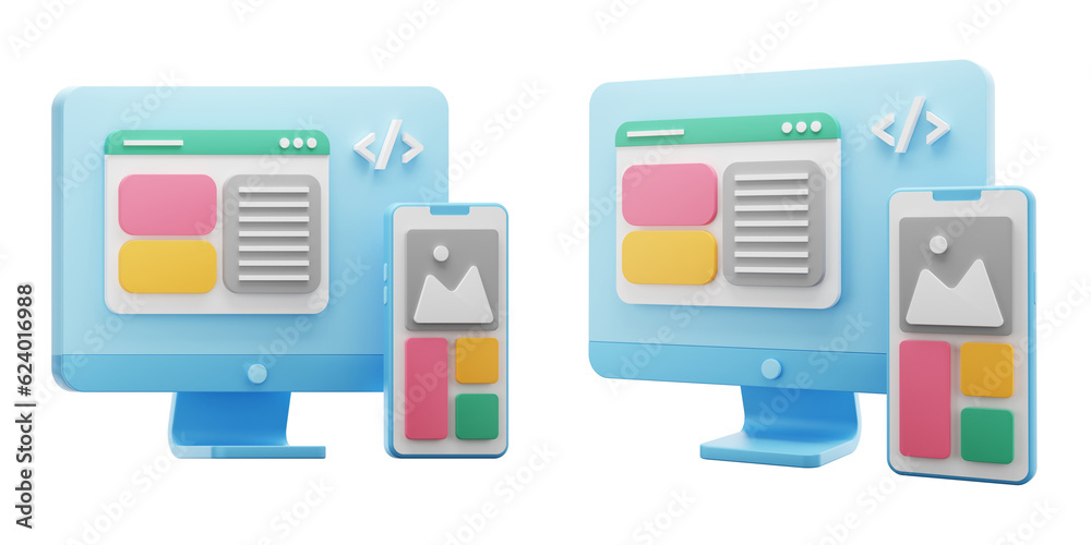 Aufkleber colorful responsive design mode user interface 3d illustration. 3d render web development icon