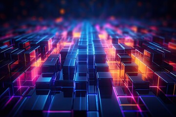 Abstract technology background with glowing cubes. 3D Rendering, 3d illustration of abstract background with neon cubes and lines. 3d rendering, AI Generated