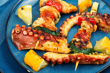 Octopus skewers, sea delicacy.