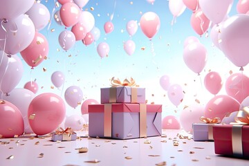 Gift boxes with pink balloons and confetti. 3d rendering, 3d render of birthday background with...
