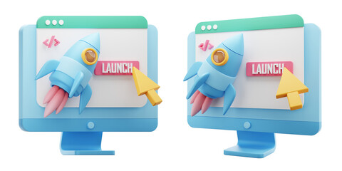 web launching 3d icon. monitor with rocket 3d icon render. project launch 3d icon illustration.