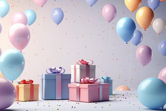 Gift boxes and balloons on pastel background. 3d rendering, 3d render of birthday background with gift box, balloons and confetti, AI Generated