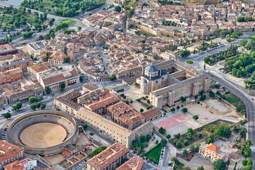 aerial view of the old Hospital of Tavera and the bullring of Toledo Spain and its surroundings