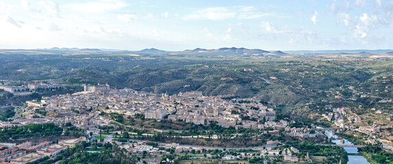 aerial panorama from a hot air balloon of the north face of the city of Toledo Spain