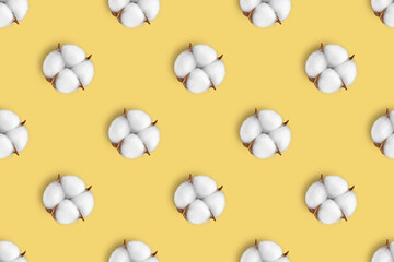 Cotton flower seamless pattern isolated on yellow background. Top view, flat lay, wallpaper, backdrop