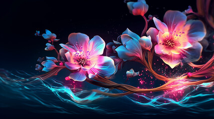 Fototapeta premium Abstract Neon flower on water background wallpaper.