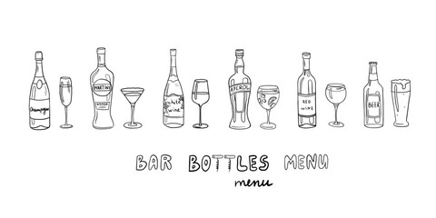 Vector set with alcoholic bottles, glasses and text hand drawn doodles. Champagne, beer, martini, wine, aperol.  Great for bar menu, restaurant menu, banner.Isolated on white.Vector illustration EPS10