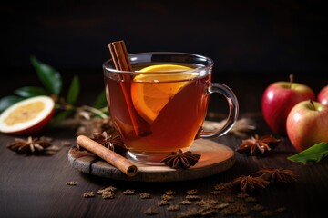 Lemon tea with spices on wooden background,AI Generated