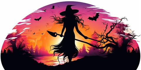 AI Generated. AI Generative. Watercolor draw ink paint witch girl woman with broom. Halloween holiday magic style. Graphic Art