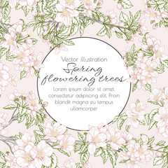 Vector frame with a branch of a blossoming apple tree in the style of engraving