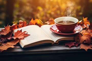 Cup of black tea with books and autumn leaves , AI Generated