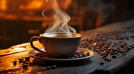 Close-up of a freshly brewed cup of coffee with steam 