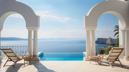 Two deck chairs on terrace with pool and stunning sea view generative ai