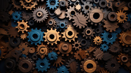 Wooden gears and mechanisms background, Generative AI	
