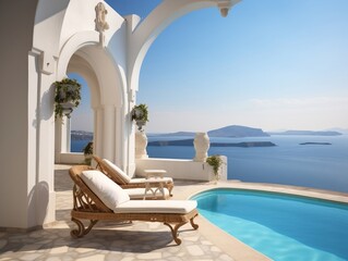 Obraz premium Two deck chairs on terrace with pool and stunning sea view generative ai