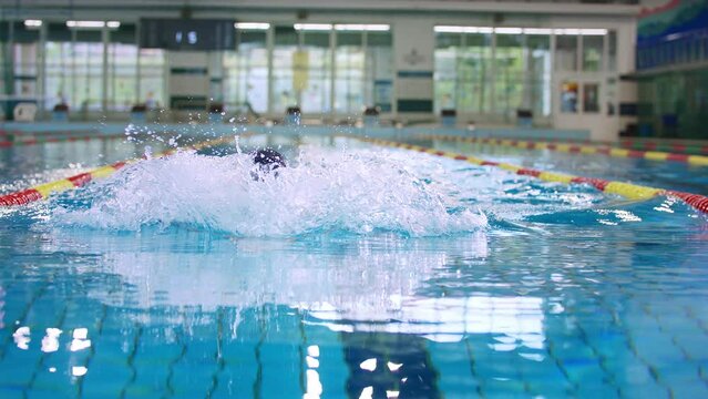 Professional male swimmer using breaststroke style in swimming lane of an indoor lap pool, front view. Competitive swimming strokes concept.