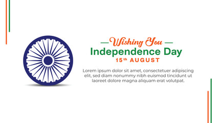 Happy Independence Day with 15 August Text Banner Template, India Independence Day Tri Color India Flag with 3D Ashoka Wheel Decorated Background Design