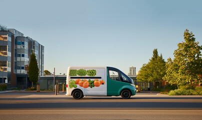 Fast delivery service car driving with order business background concept. Home delivery fresh vegetables in basket. food delivery service. woman accepting groceries box.