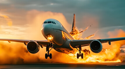 Airplane burning and crash at the airport 