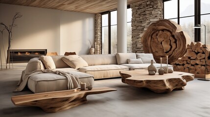 Rustic live edge table and chairs near beige sofa interior design of modern living room generative ai