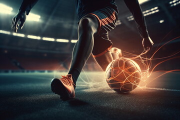 Fu&szlig;ballspieler mit Ball beim Dribbling, futuristisch, 17, Ai generiert